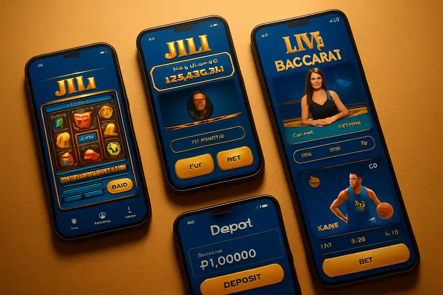 Android screens showing Philippine casino app with slots, baccarat, GCash, sports betting
