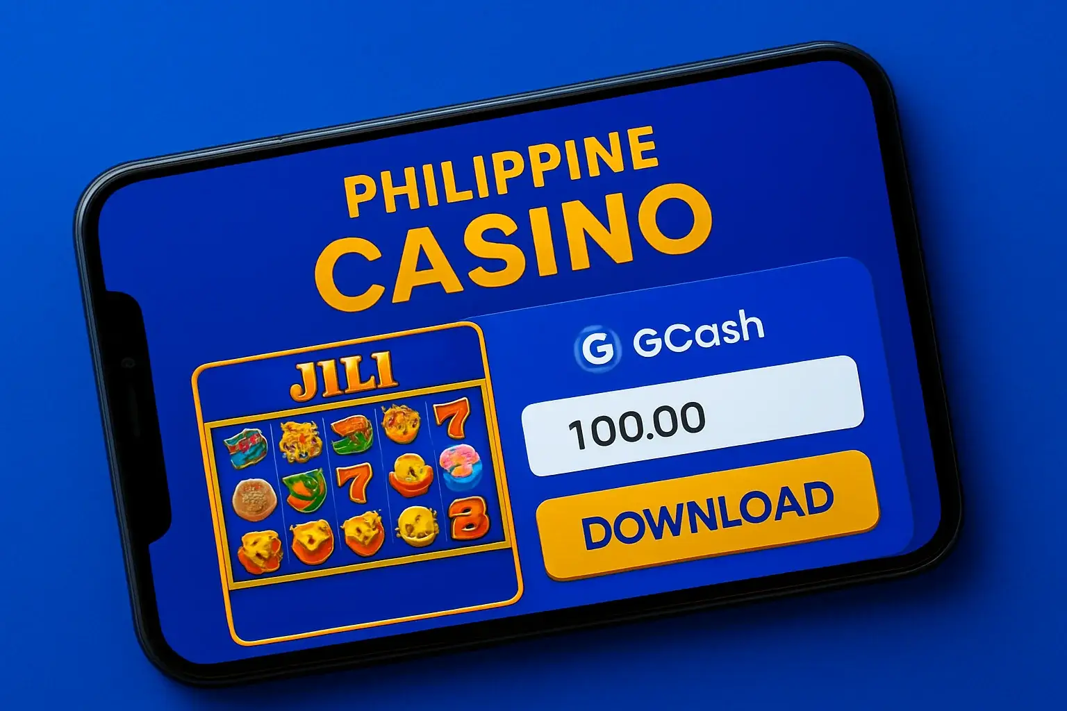 Android smartphone showing Philippine casino app with JILI UI and GCash payment