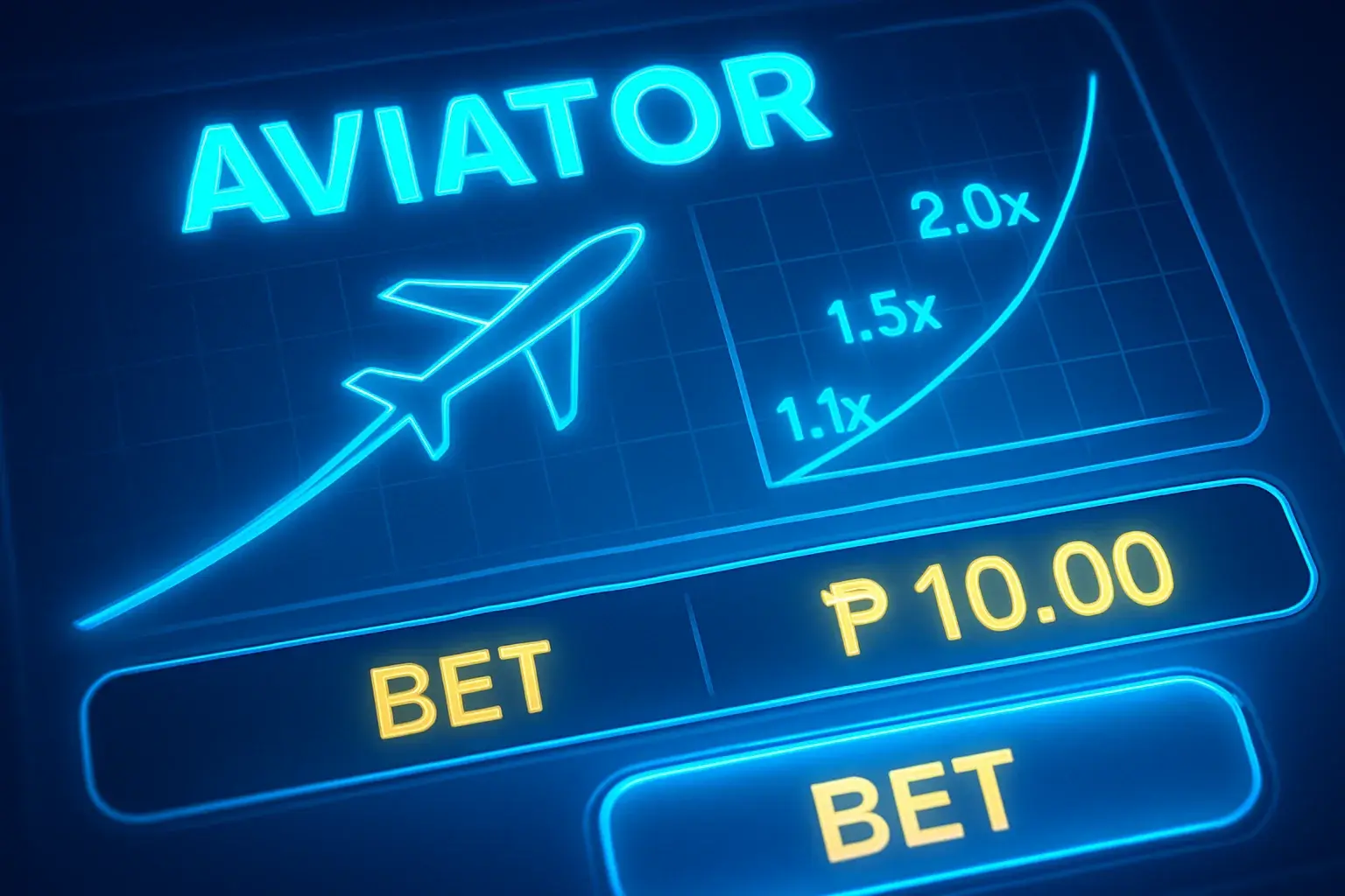 Close-up aviator crash game UI with plane trajectory, multiplier graph, and PHP bets
