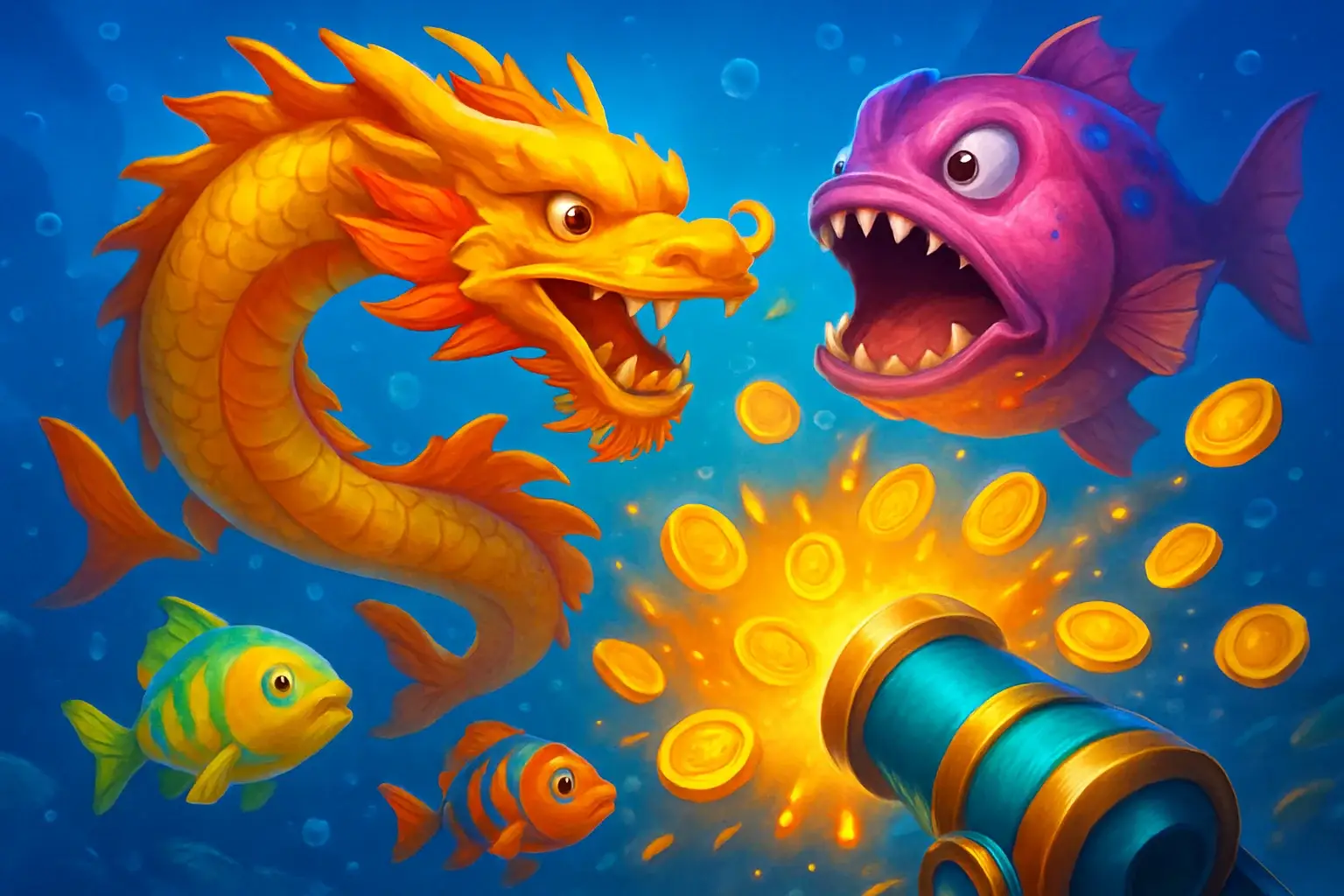 Vibrant Philippine casino fishing game underwater scene with colorful fish and cannon UI