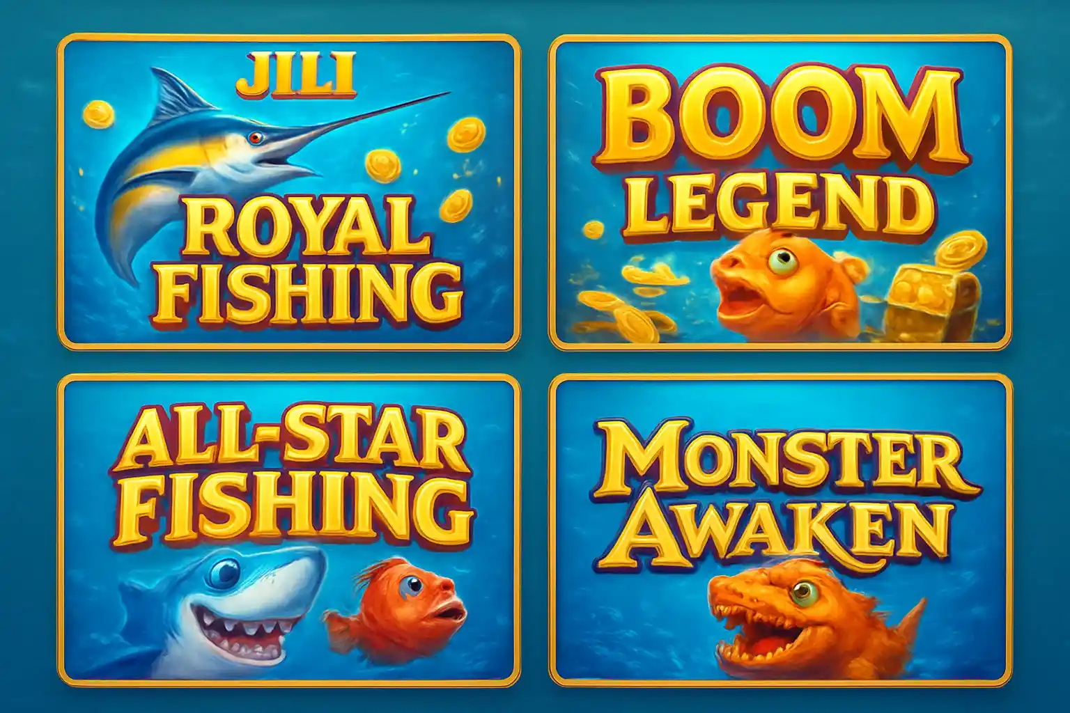 Grid of Philippine fishing game thumbnails with bright blue and gold casino vibe