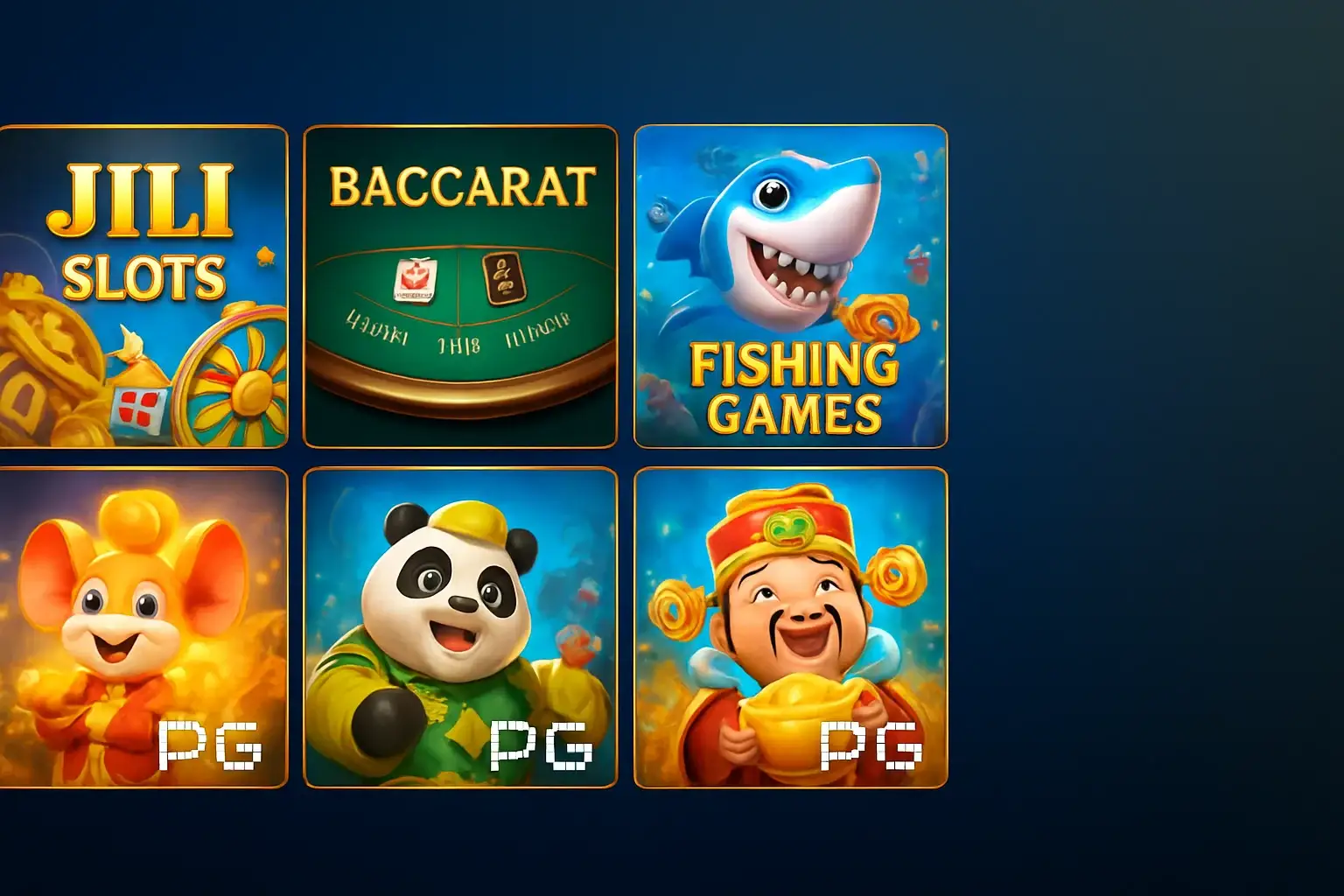 Colorful grid of Philippine casino game thumbnails with blue and gold UI