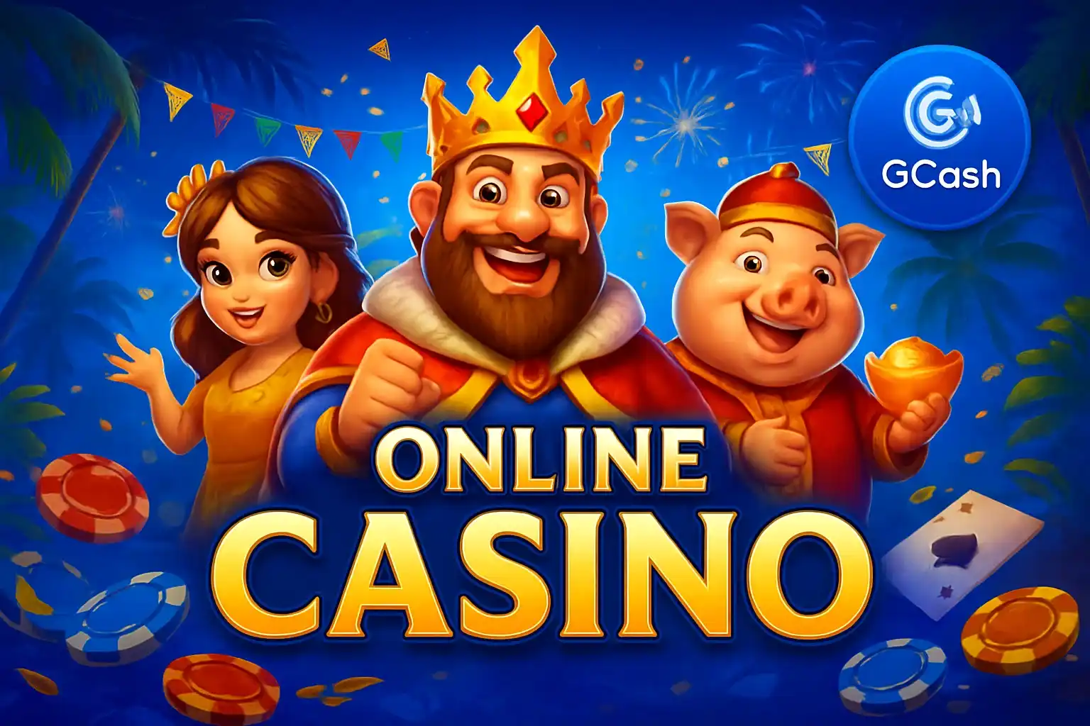 Vibrant Philippine online casino hero banner with JILI characters and GCash badge