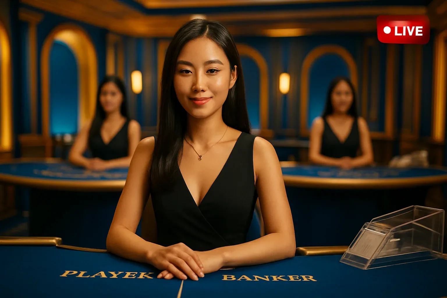 Elegant live casino studio with Asian dealers, baccarat and blackjack tables