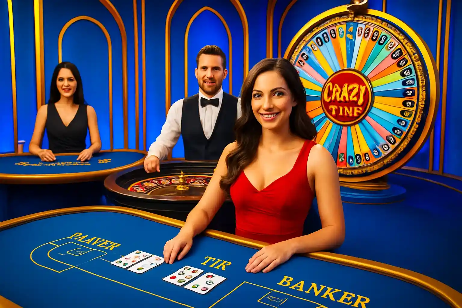 Live casino game cards with dealers, baccarat, roulette, and Crazy Time wheel