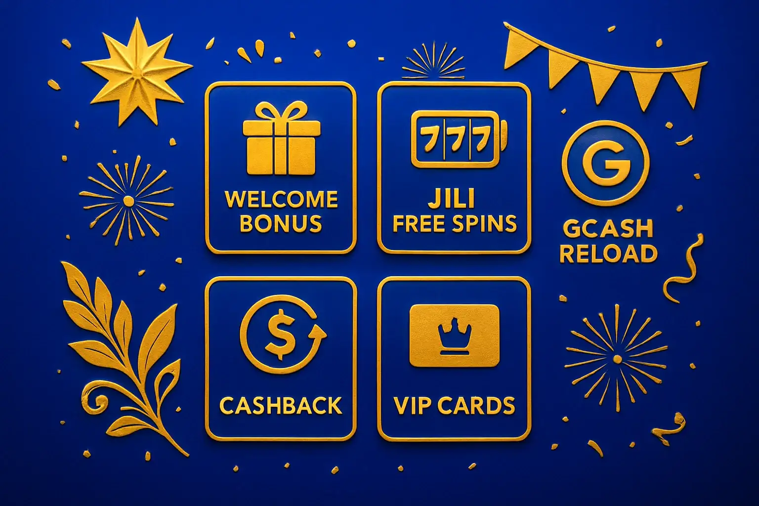Casino bonus types display on royal blue with gold Philippine accents