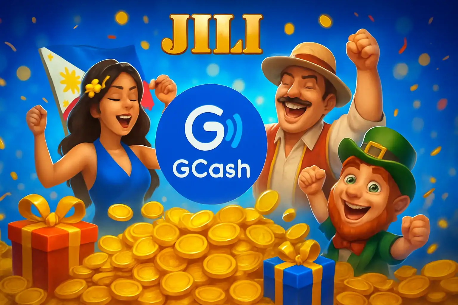 Philippine casino promotions banner with gold coins, gift boxes, GCash badge, JILI characters