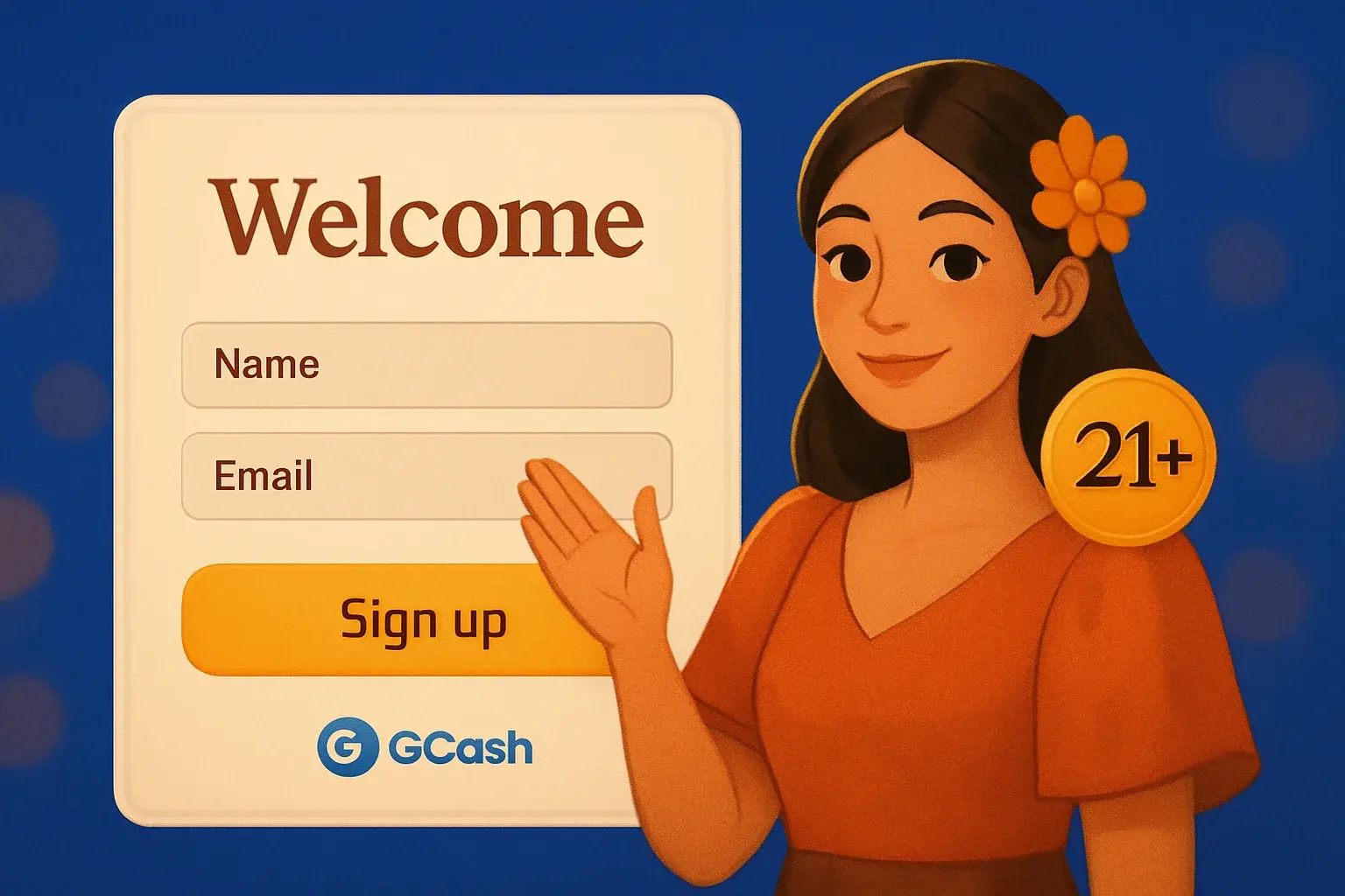 Philippine casino registration page with GCash logo and gold 21+ badge
