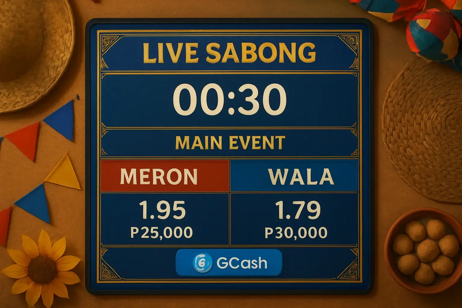 Live sabong countdown timer with Meron vs Wala betting panel and GCash badge