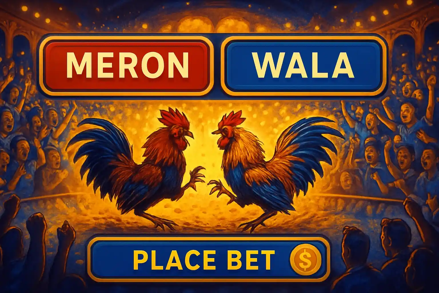 Philippine online sabong interface with Meron red and Wala blue panels
