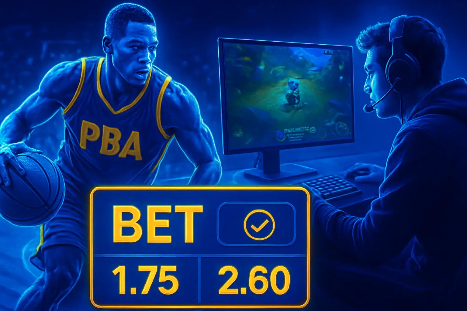Dynamic Philippine sports betting banner with PBA action and Mobile Legends setup